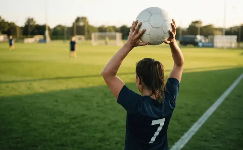Football player executing throw-in technique on training pitch sideline