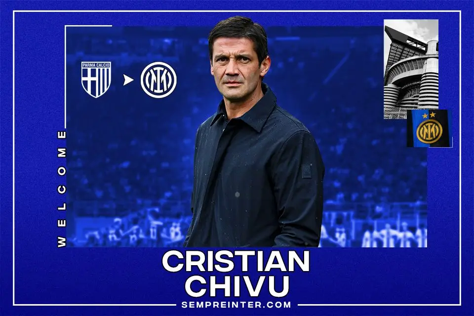 Cristian Chivu in a dark jacket with Inter Milan symbols and Parma Calcio logo.