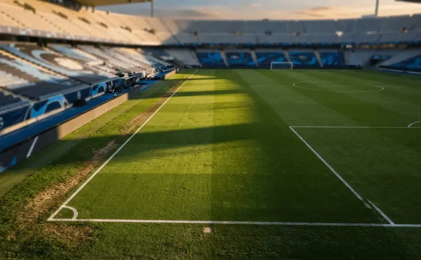 Tactical view of football pitch wing-back zone with Inter Milan stadium elements in background