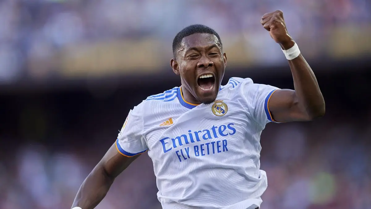 David Alaba celebrating during a Real Madrid match.
