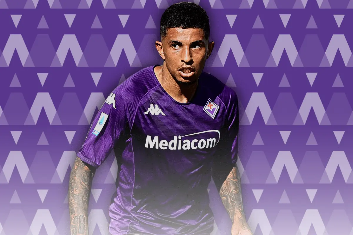 Dodo, Fiorentina defender, wearing purple kit, poised on a patterned background.