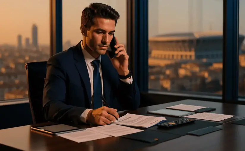 Football agent in modern office reviewing player transfer documents with Milan skyline in background