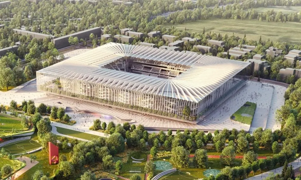 Architectural rendering of a modern football stadium with a white pleated roof surrounded by green parks.