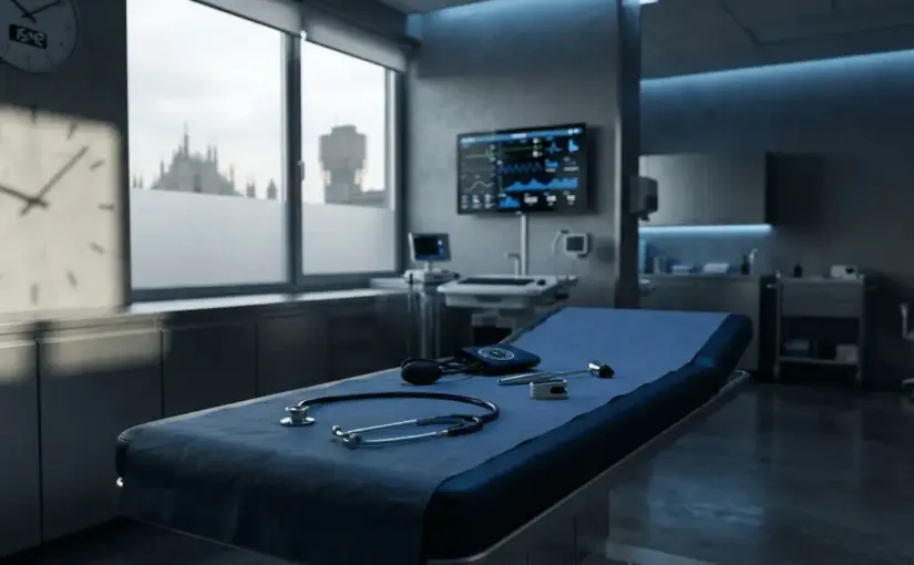 Medical examination room with Inter Milan colors, clinical equipment awaiting transfer medical assessment