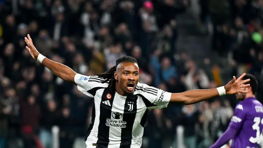 Khephren Thuram celebrating a goal while playing for Juventus.