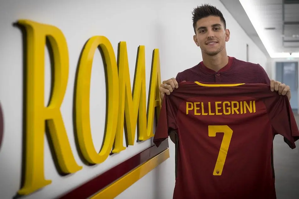 Lorenzo Pellegrini holding a Roma jersey with his name and number 7 displayed.