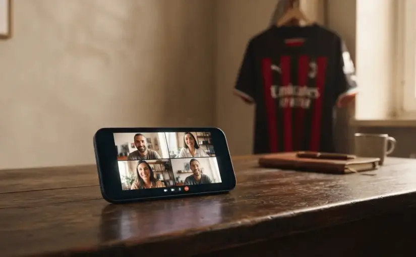 Smartphone video call on desk with AC Milan jersey in background representing Maldini's recruitment of Leão