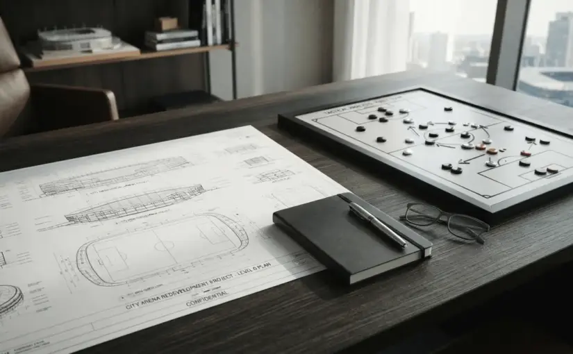 Executive desk with stadium blueprints and tactical planning materials in dramatic lighting