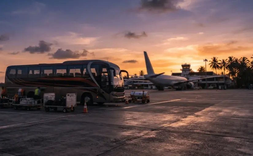 AC Milan team bus on airport tarmac during pre-season tour departure with aircraft in background