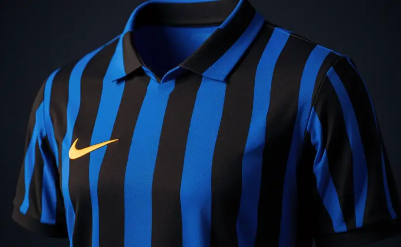 Inter Milan 2026/27 black and blue striped home kit with classic collar and golden Nike logo