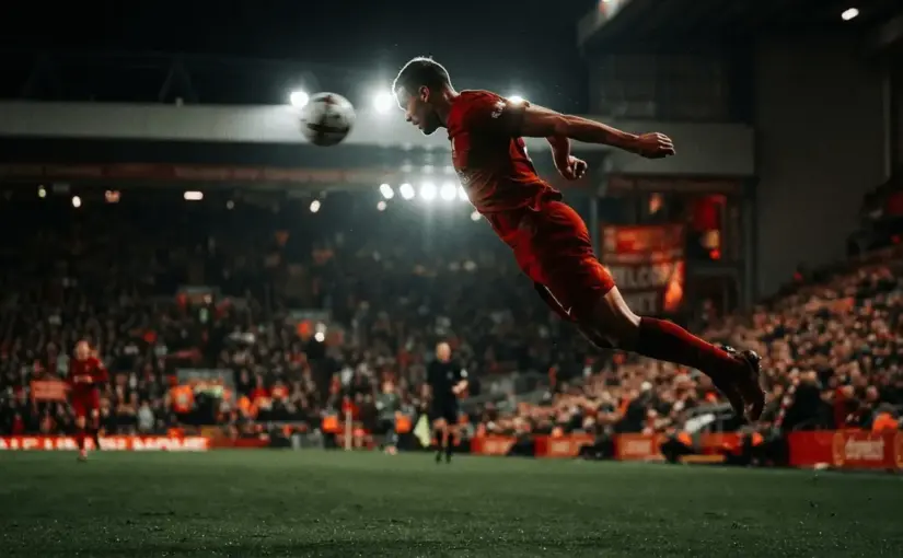 Centre-back in red jersey making defensive header under stadium lights