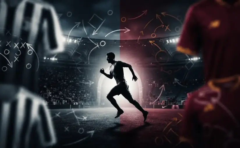 Roma and Juventus transfer battle tactical imagery with midfielder silhouette between club colors