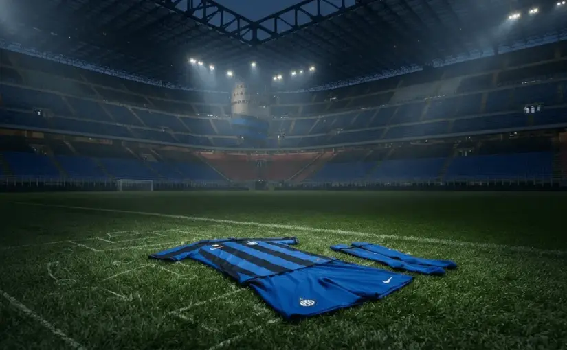 San Siro stadium interior with Inter Milan blue and black colors and defender kit on pitch