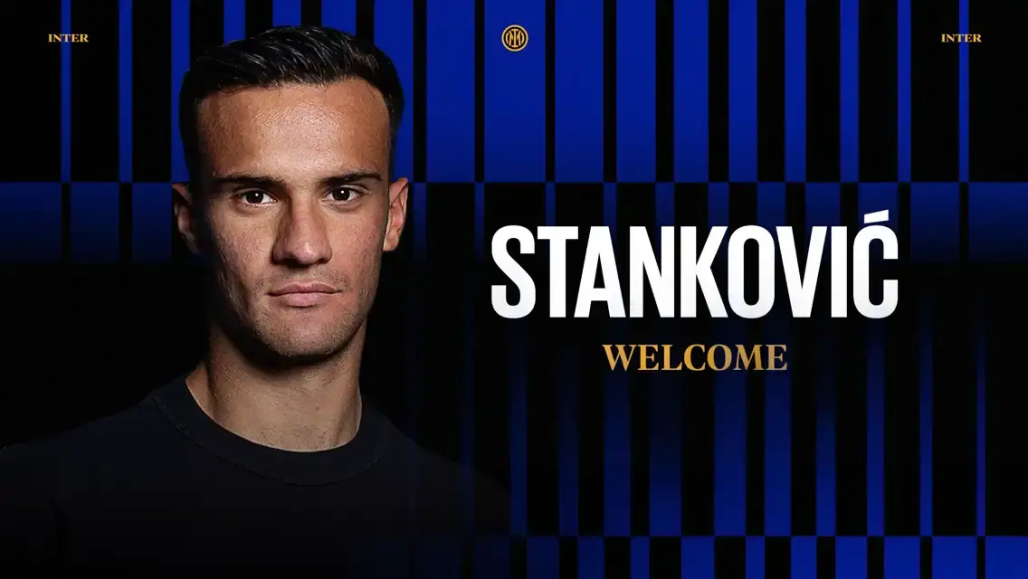 Portrait of Aleksandar Stankovic with Inter Milan branding and 'STANKOVIĆ WELCOME' text