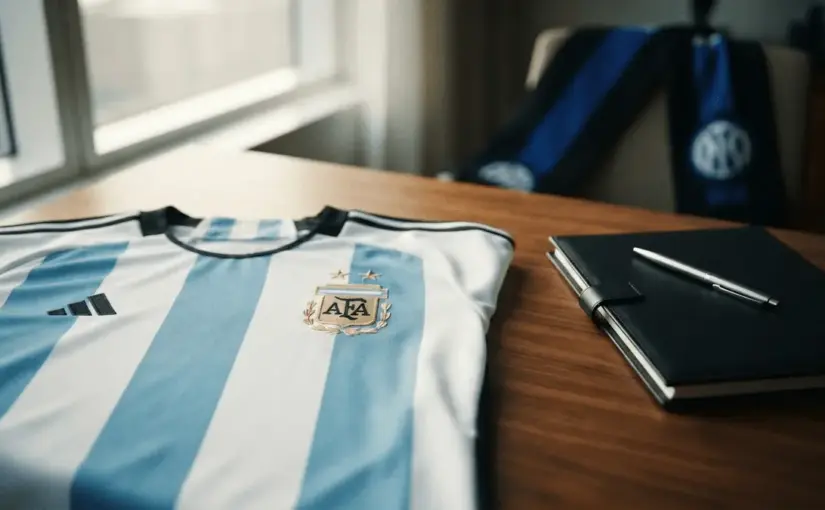 Argentina jersey with contract and Inter Milan scarf symbolizing Cristian Romero transfer negotiation