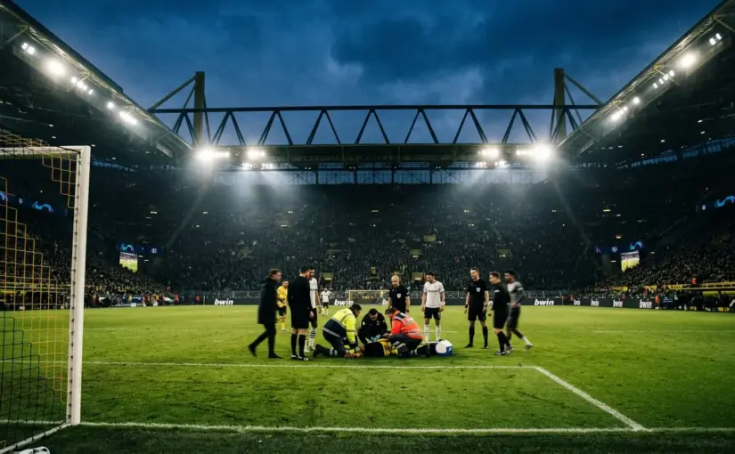 Football medical staff attending to injured player on pitch under stadium floodlights during match