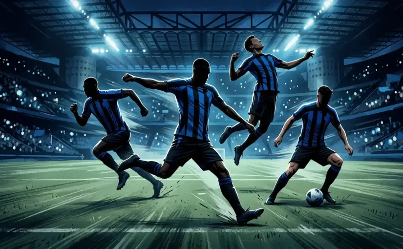 Inter Milan attacking players combining in a floodlit stadium