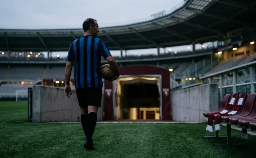 Defender walking toward a Turin stadium, symbolizing Darmian’s possible return from Inter to Torino