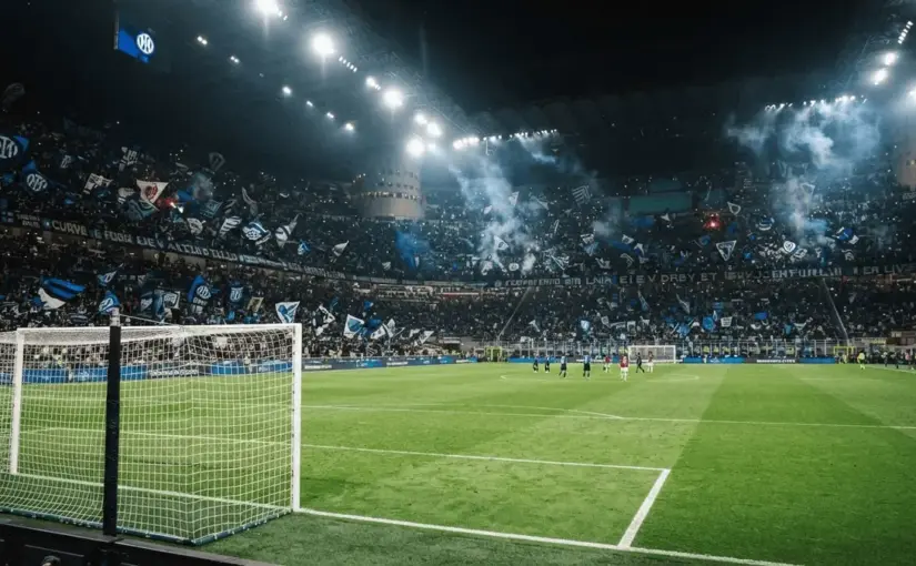 San Siro stadium during Milan derby with Inter supporters in blue and black