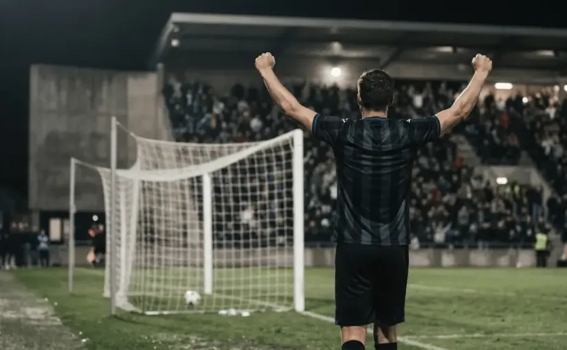 Inter-inspired midfielder celebrates a dramatic stoppage-time goal under stadium lights