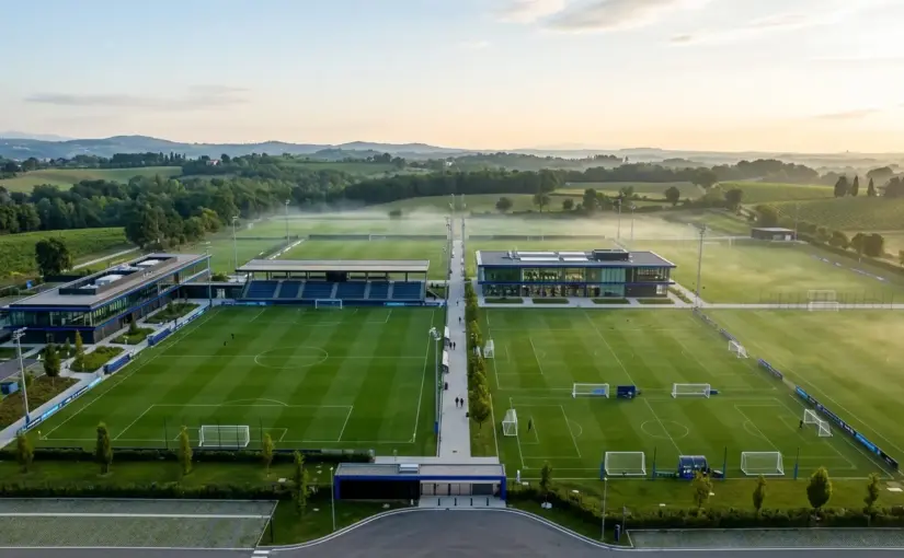 Modern Inter-style football training campus with multiple pitches and advanced performance facilities