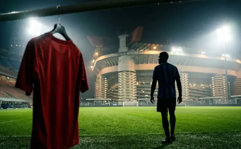 Silhouetted midfielder approaching San Siro during a dramatic football transfer scene