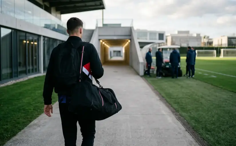 Anonymous young defender walking through a stadium facility during a transfer to Monza from Inter