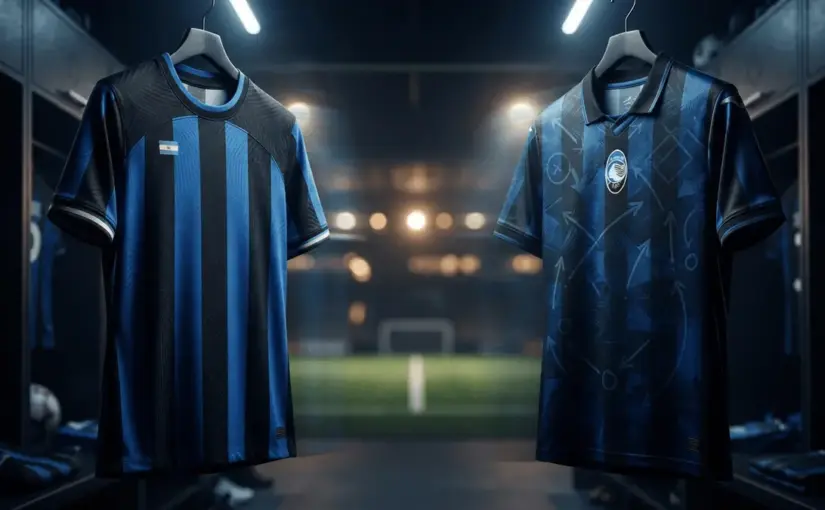 Inter Milan and Atalanta jerseys in dramatic lighting symbolizing transfer rivalry over Nico González