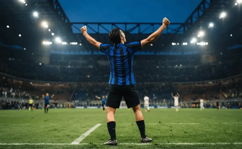 Inter Milan striker celebrating goal in black and blue striped jersey under stadium lights
