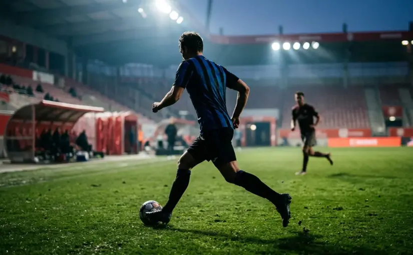 Silhouetted winger driving down the flank in a floodlit stadium, evoking Inter Milan’s interest in a possible transfer.