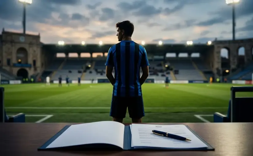Footballer silhouette beside transfer documents representing Inter’s safeguarded loan deal for Yanis Massolin
