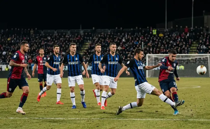 Inter Milan defenders scramble to protect a narrow lead during a tense late Cagliari attack