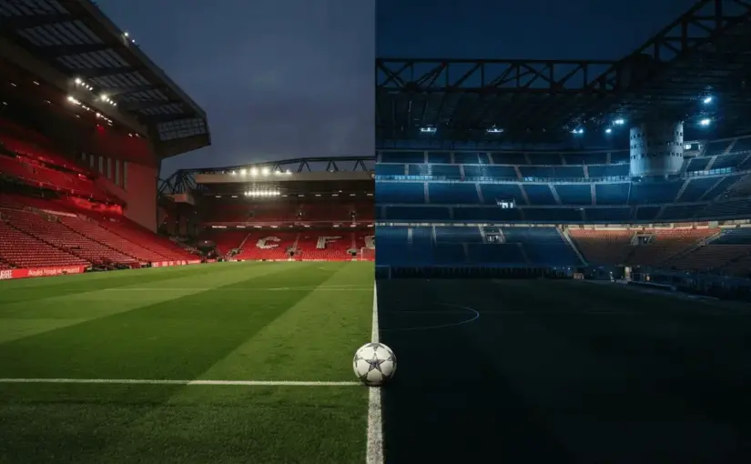 Anfield and San Siro stadiums side by side representing Liverpool and Inter Milan transfer negotiations
