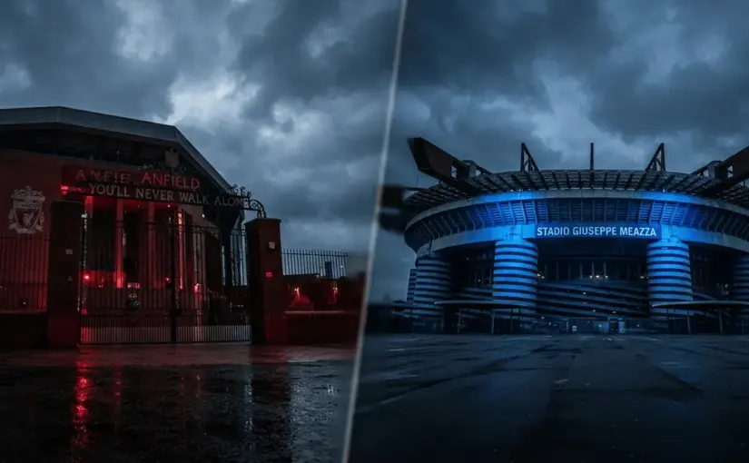 Split view of Anfield and San Siro stadiums representing collapsed transfer deal between Liverpool and Inter Milan