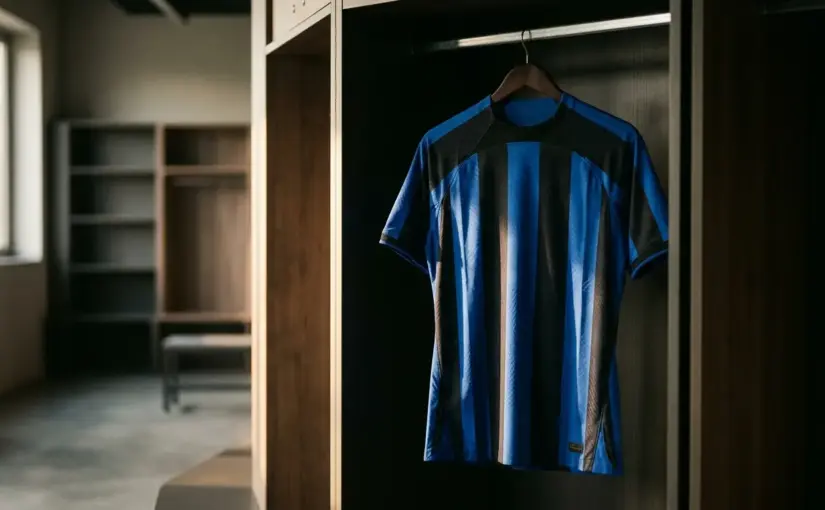 Inter Milan jersey hanging in locker room with dramatic natural lighting