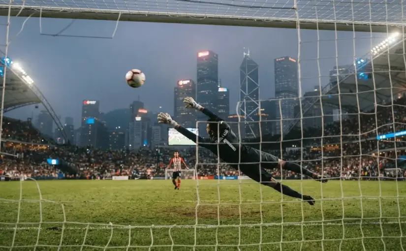 Inter Milan penalty shootout at Hong Kong stadium with city skyline backdrop