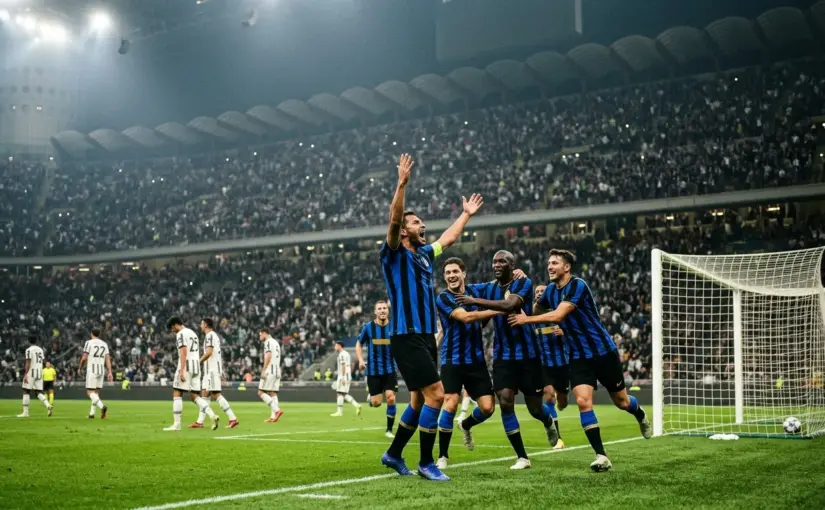 Inter-inspired players celebrate a dramatic comeback win under the San Siro floodlights