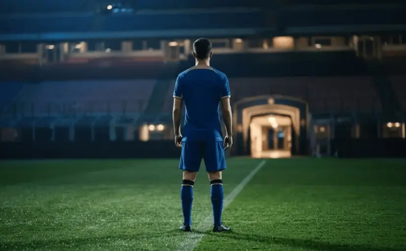 Anonymous young footballer standing in a floodlit stadium before a possible Italy call-up