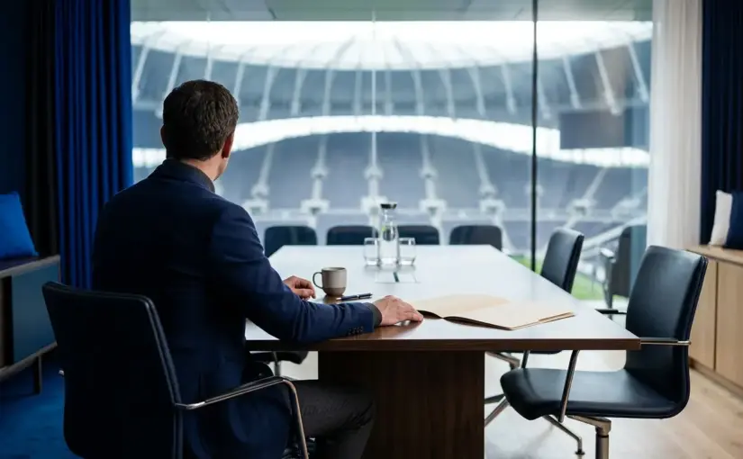 Anonymous football executive in talks over a potential Tottenham role, with a stadium blurred in the background