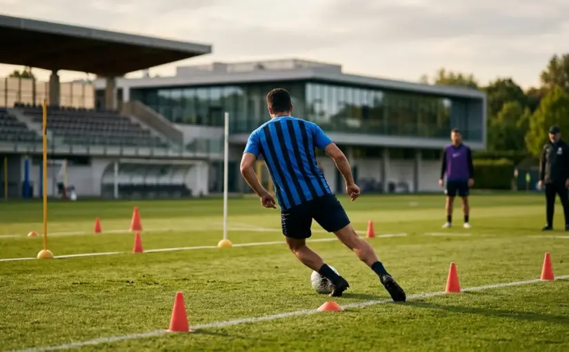 Anonymous Inter-style player drives down the right flank during an intense tactical training session
