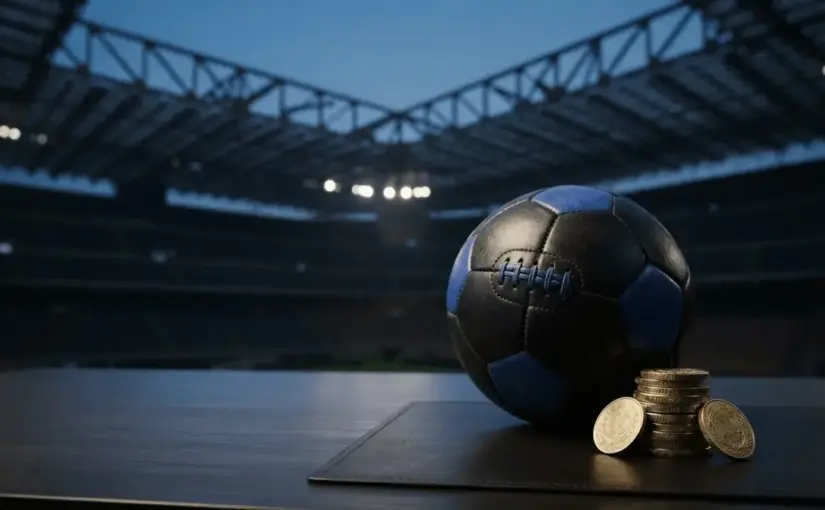 Black-and-blue football with gold coins in front of a softly lit stadium, symbolizing Inter’s improved finances