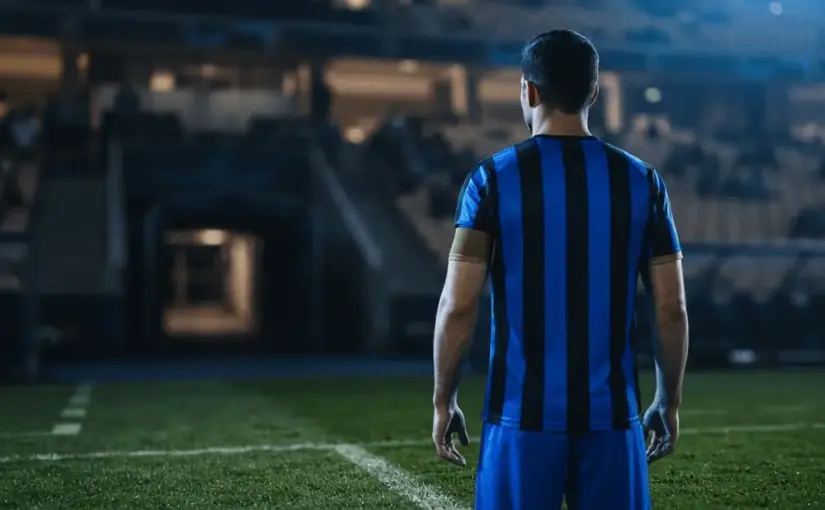 Inter-inspired striker silhouette under stadium lights representing Lautaro Martinez transfer interest from Barcelona