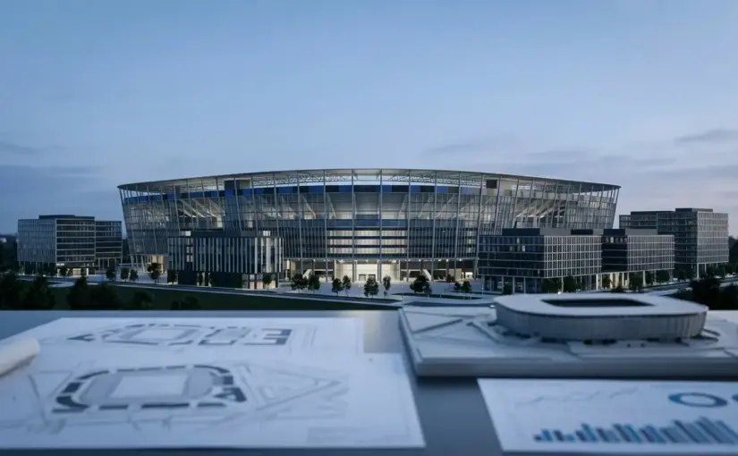 Architectural view of the proposed new San Siro stadium and surrounding commercial district at blue hour