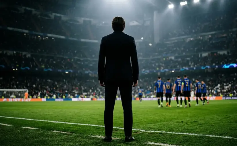 Inter-inspired coach silhouette watching his team show resilience under the Bernabeu floodlights