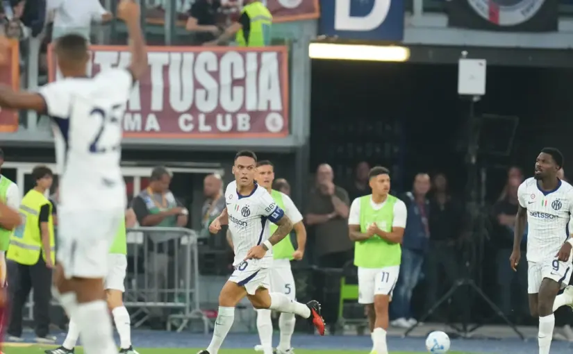 Lautaro Martinez of Inter Milan celebrating on the pitch during a match against Roma.