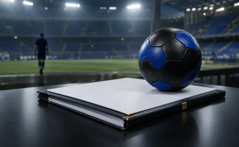 Blank transfer dossier and football symbolizing revenue from former-player clauses